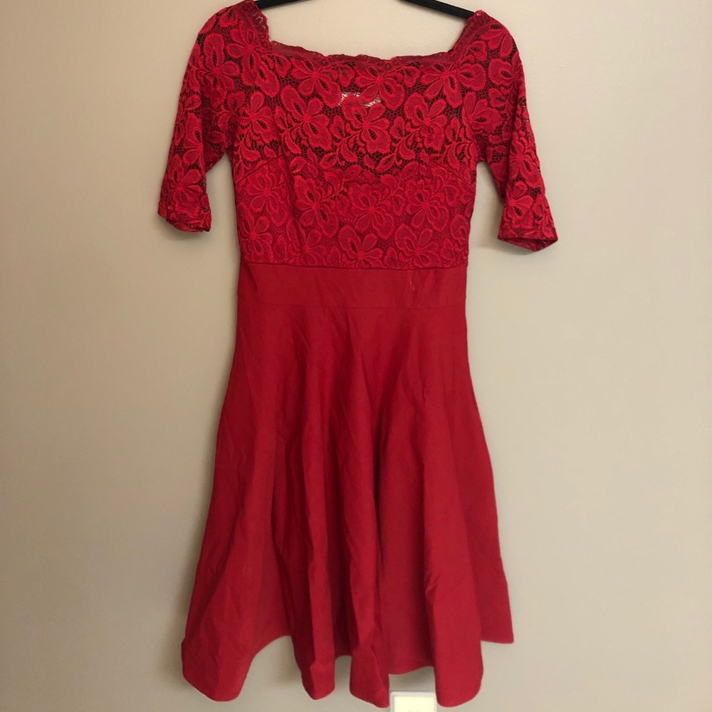 red off the shoulder laced dress